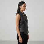 Women's Black Vegan Leather Sleeveless Moto Vest Jacket