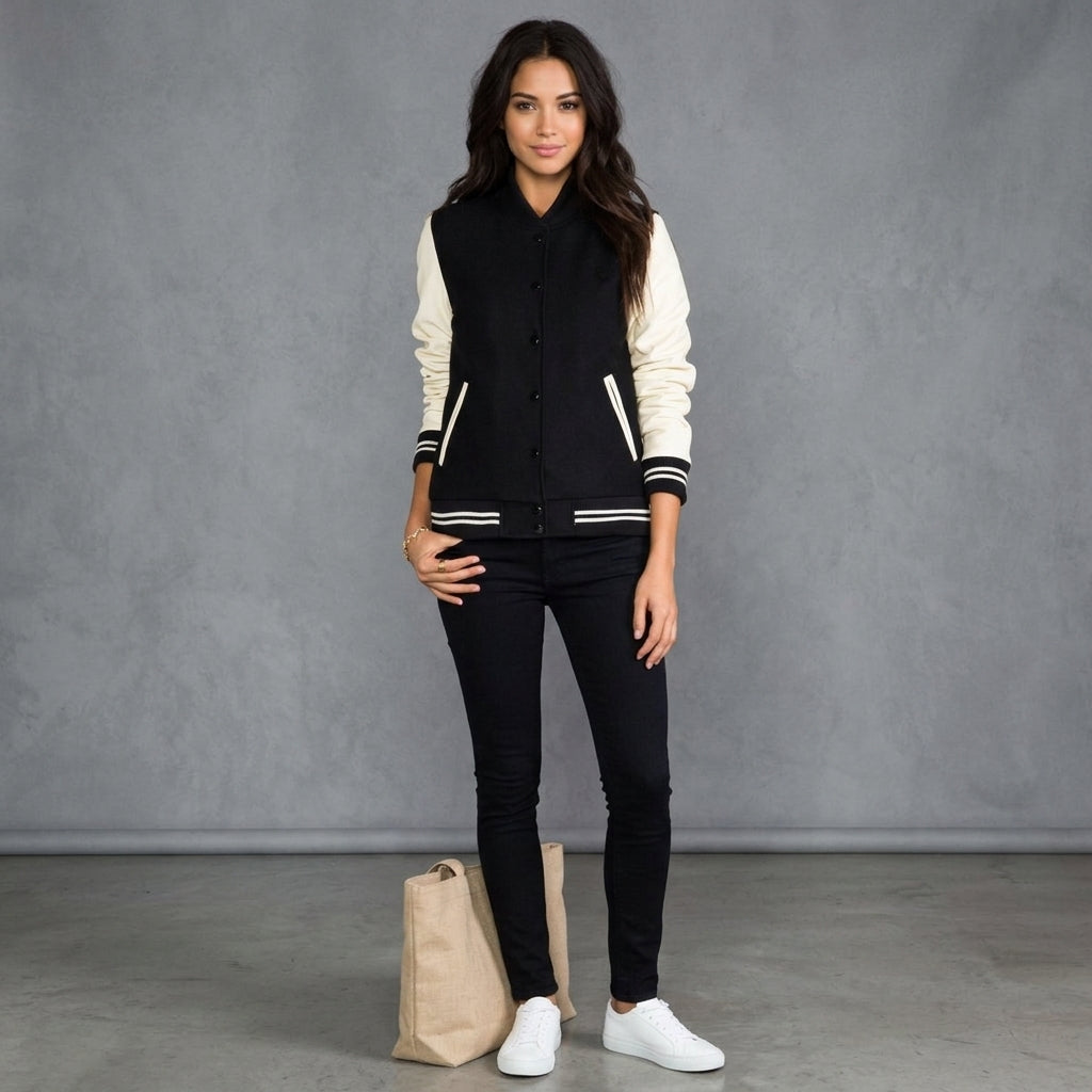 Women's Black & Cream Leather Varsity Jacket