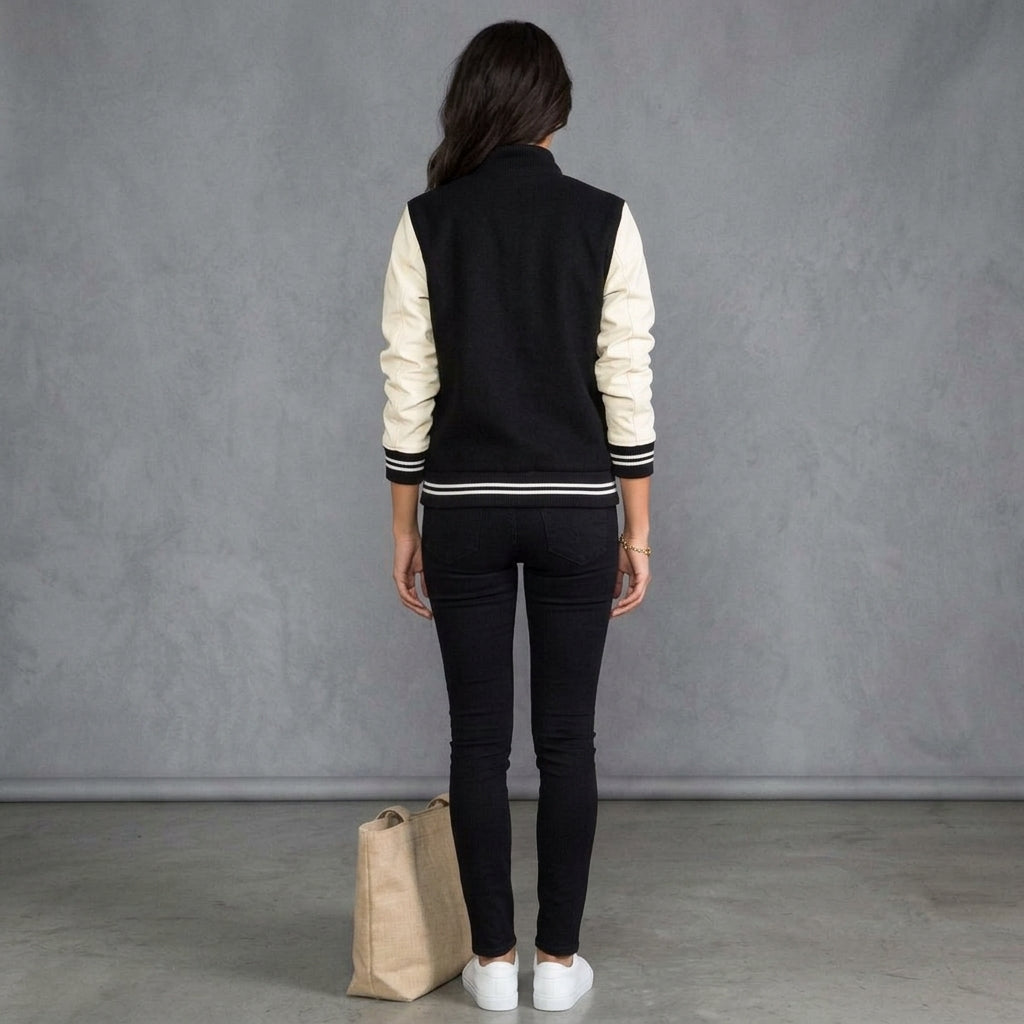 Women's Black & Cream Leather Varsity Jacket