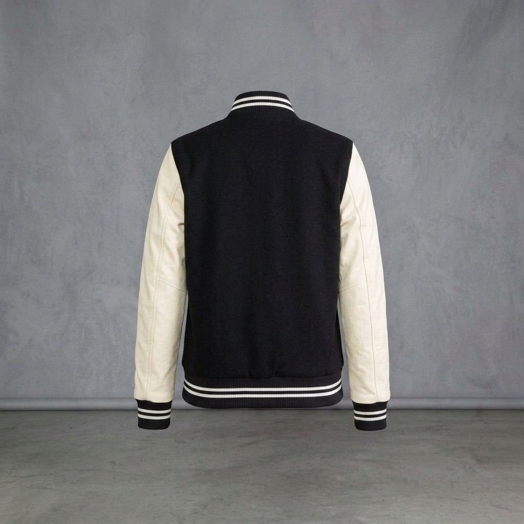 Women's Black & Cream Leather Varsity Jacket