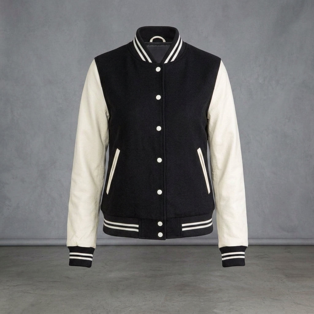 Women's Black & Cream Leather Varsity Jacket