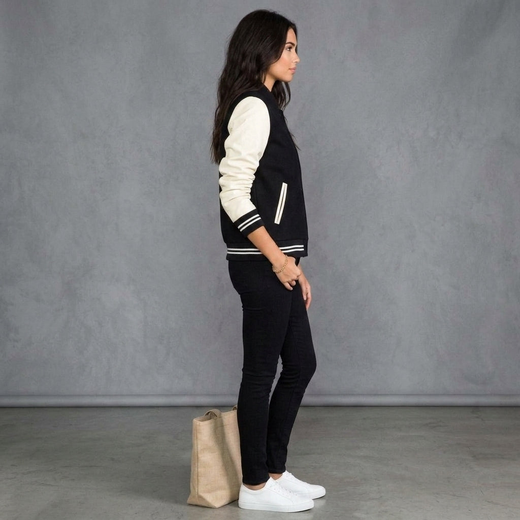 Women's Black & Cream Leather Varsity Jacket