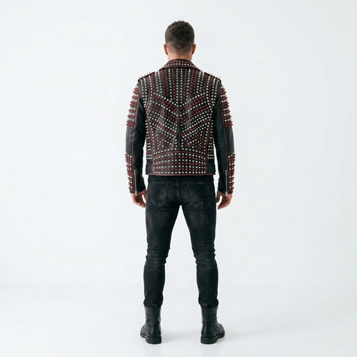 Men's Black & Red Studded Biker Leather Jacket