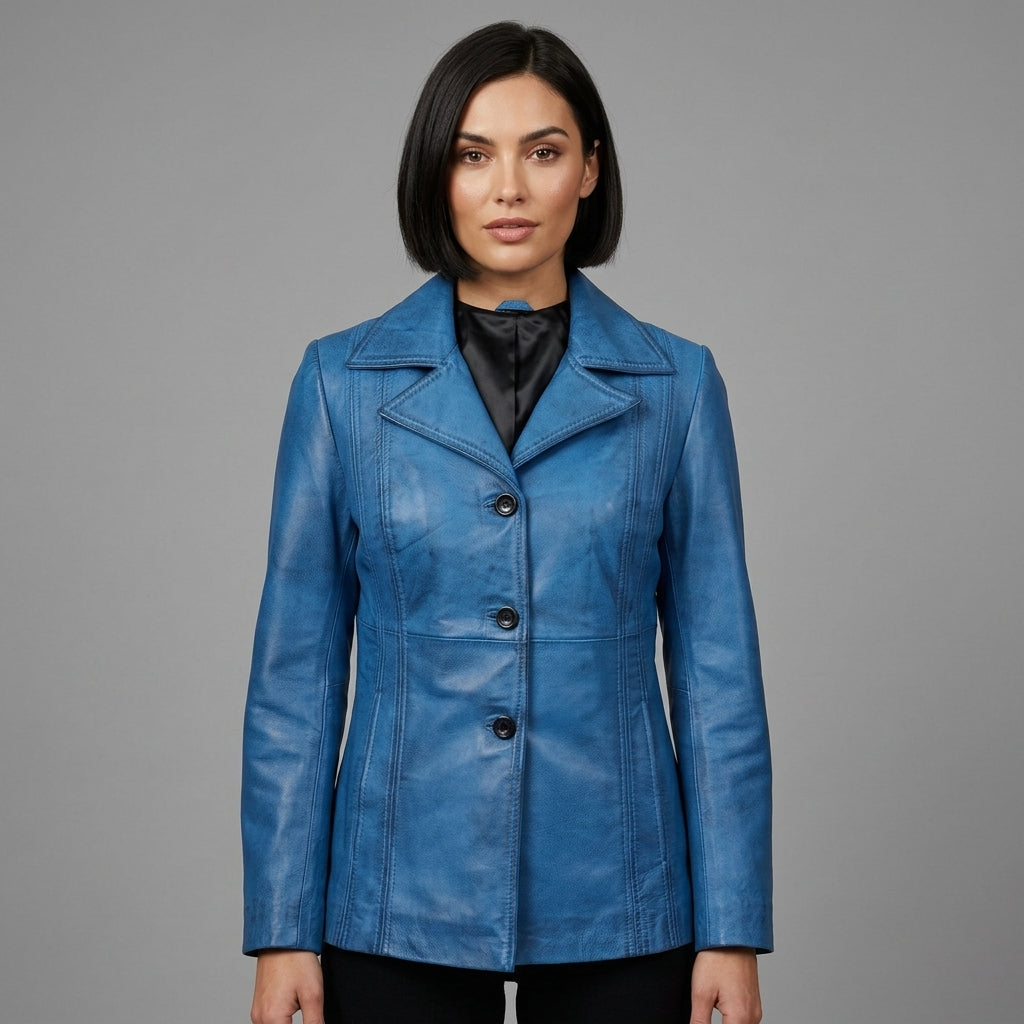 Women's Blue Leather Blazer Jacket