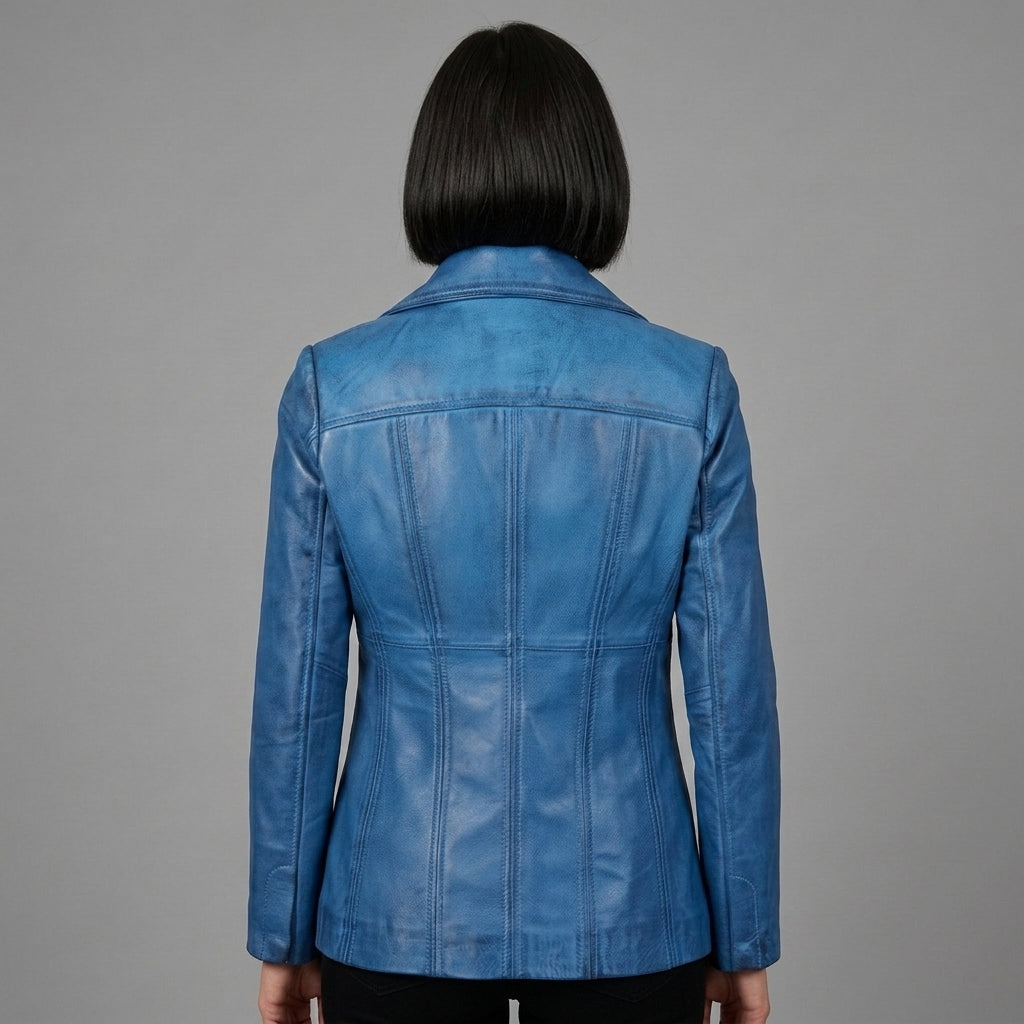 Women's Blue Leather Blazer Jacket