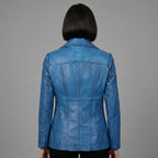 Women's Blue Leather Blazer Jacket