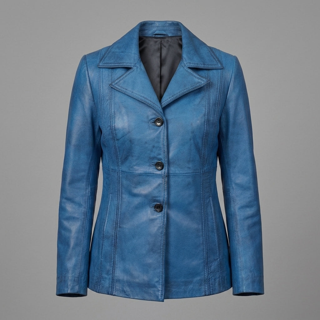 Women's Blue Leather Blazer Jacket