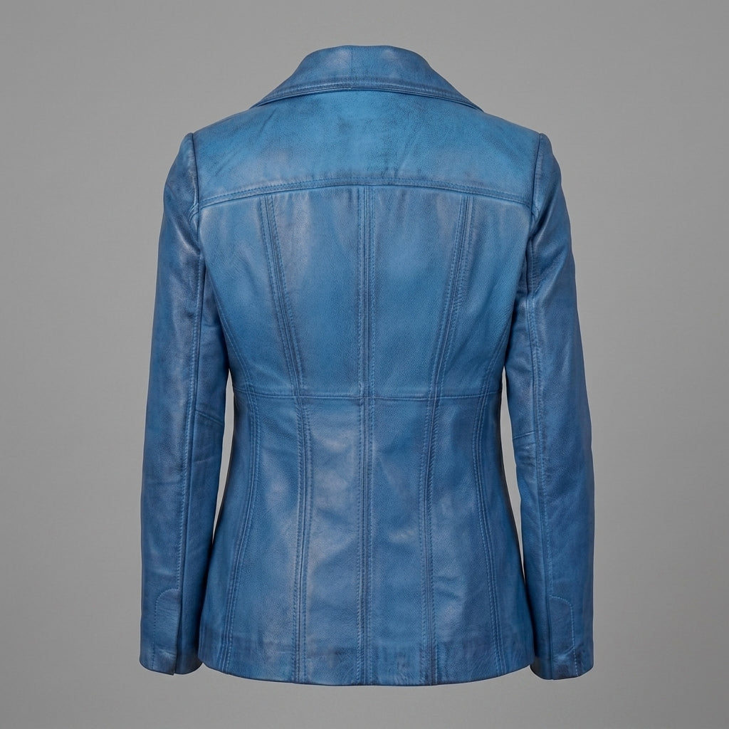Women's Blue Leather Blazer Jacket