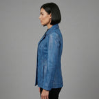 Women's Blue Leather Blazer Jacket