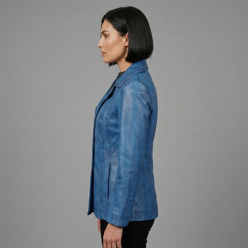Women's Blue Leather Blazer Jacket