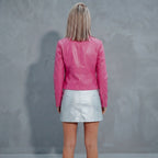 Women's Bright Pink Stand Collar Zip-Front Leather Jacket