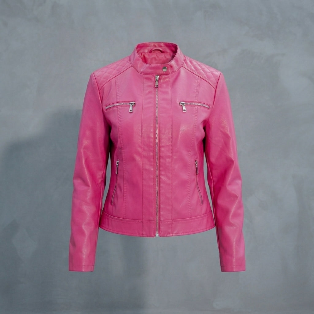 Women's Bright Pink Stand Collar Zip-Front Leather Jacket