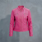 Women's Bright Pink Stand Collar Zip-Front Leather Jacket