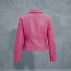 Women's Bright Pink Stand Collar Zip-Front Leather Jacket