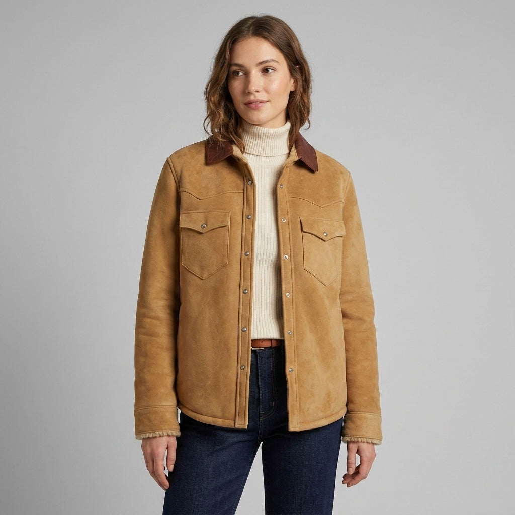 Women's Brown Collar Suede Overshirt