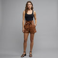 Women's Brown Leather Paperbag Shorts with Bow Tie