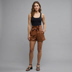 Women's Brown Leather Paperbag Shorts with Bow Tie
