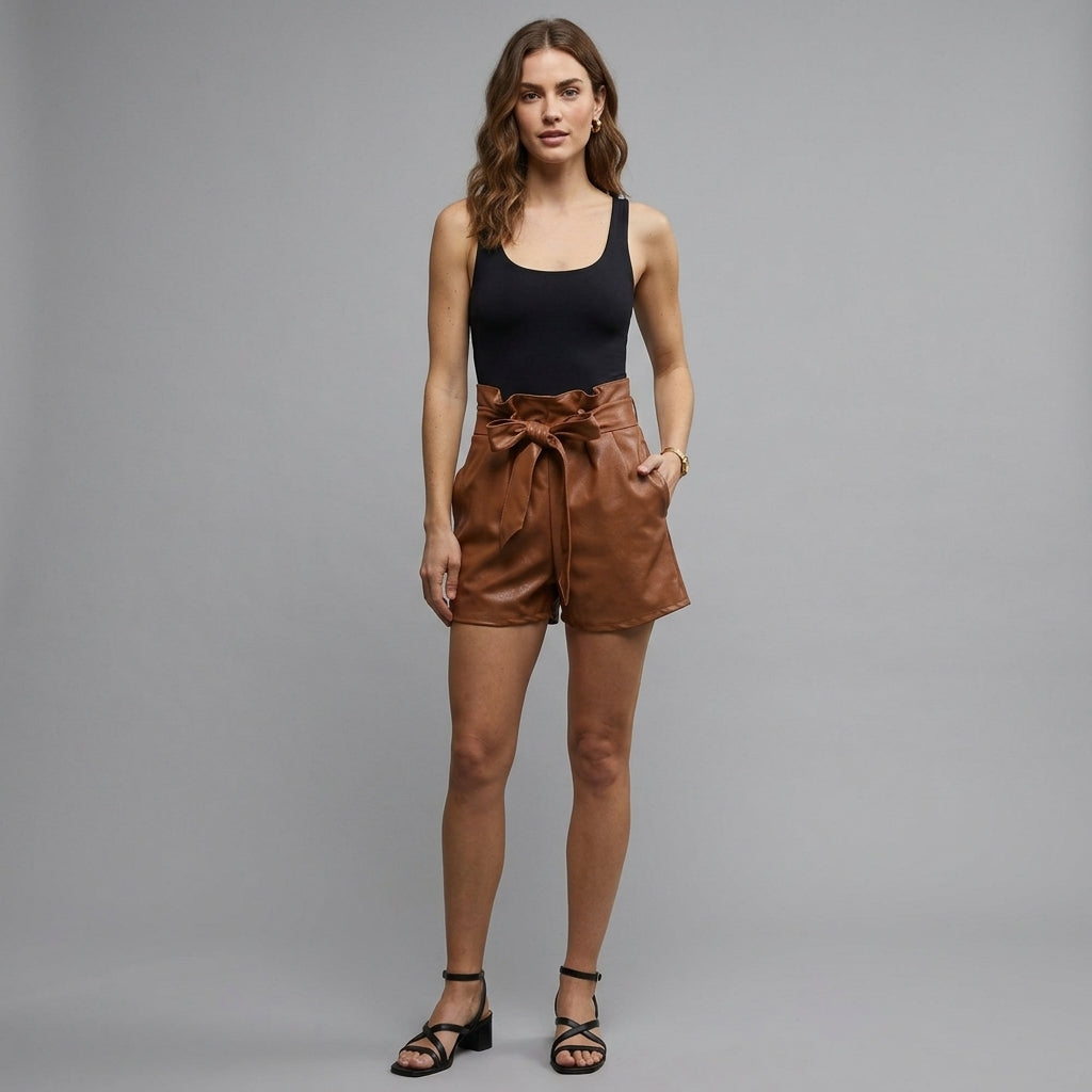 Women's Brown Leather Paperbag Shorts with Bow Tie