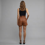 Women's Brown Leather Paperbag Shorts with Bow Tie
