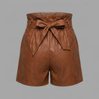 Women's Brown Leather Paperbag Shorts with Bow Tie