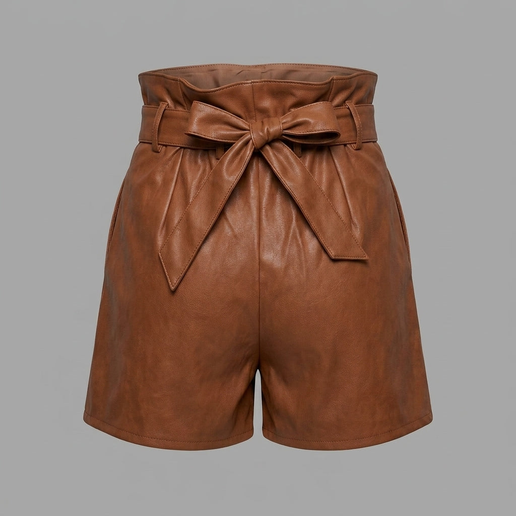 Women's Brown Leather Paperbag Shorts with Bow Tie