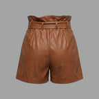Women's Brown Leather Paperbag Shorts with Bow Tie