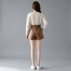 Women's Brown Pleated Leather Shorts with Pockets