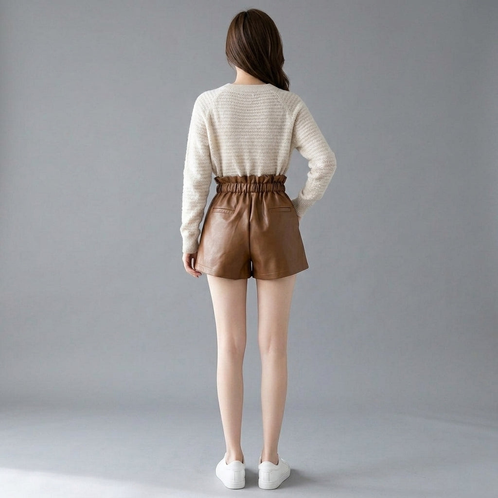 Women's Brown Pleated Leather Shorts with Pockets
