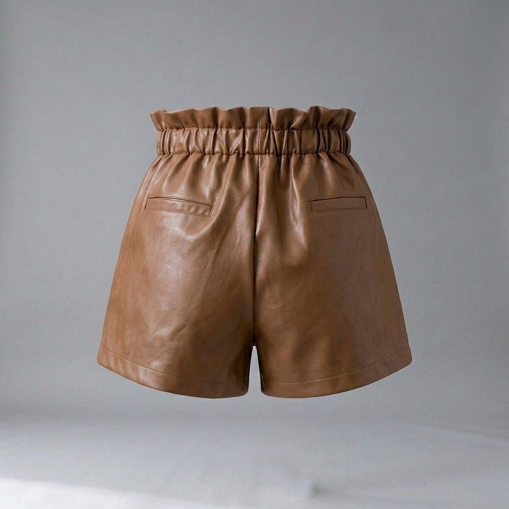 Women's Brown Pleated Leather Shorts with Pockets