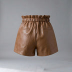 Women's Brown Pleated Leather Shorts with Pockets