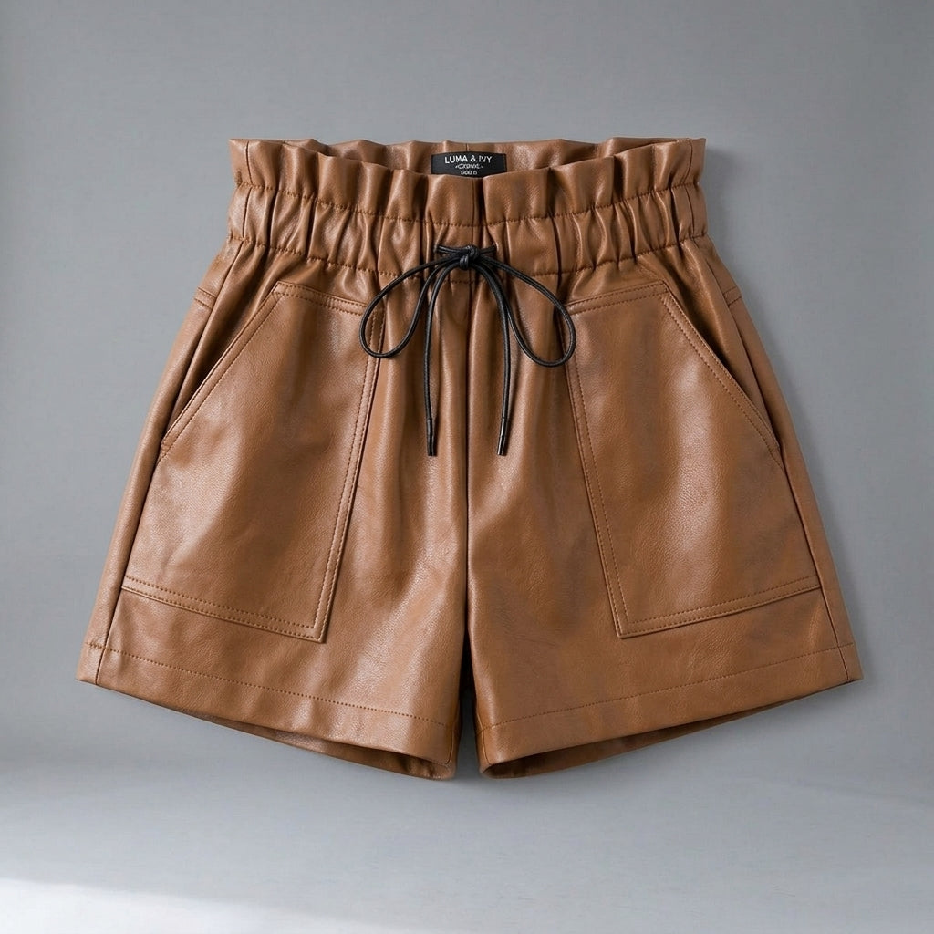 Women's Brown Pleated Leather Shorts with Pockets