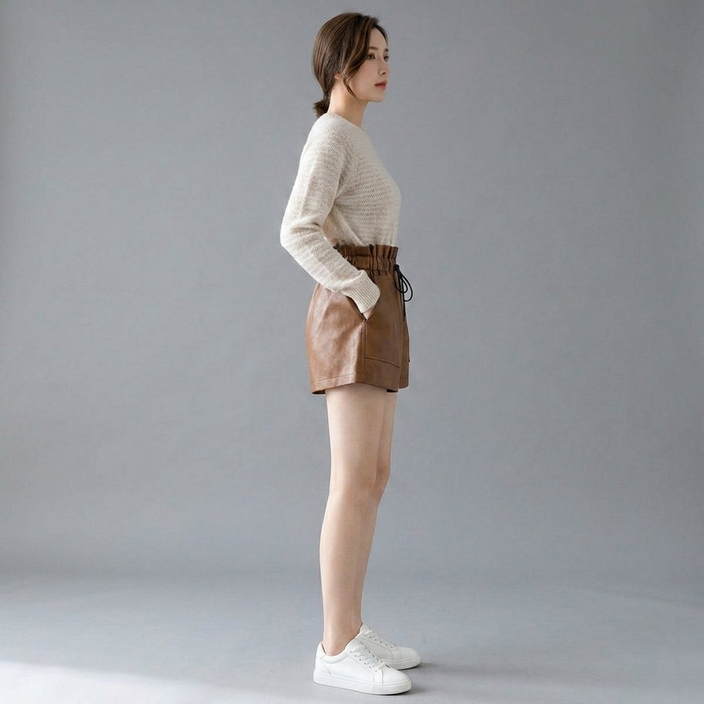 Women's Brown Pleated Leather Shorts with Pockets