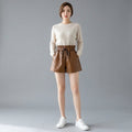 Women's Brown Pleated Leather Shorts with Pockets