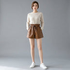 Women's Brown Pleated Leather Shorts with Pockets