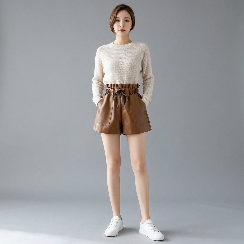 Women's Brown Pleated Leather Shorts with Pockets
