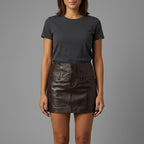 Women's Brown Leather Mini Skirt with Pockets