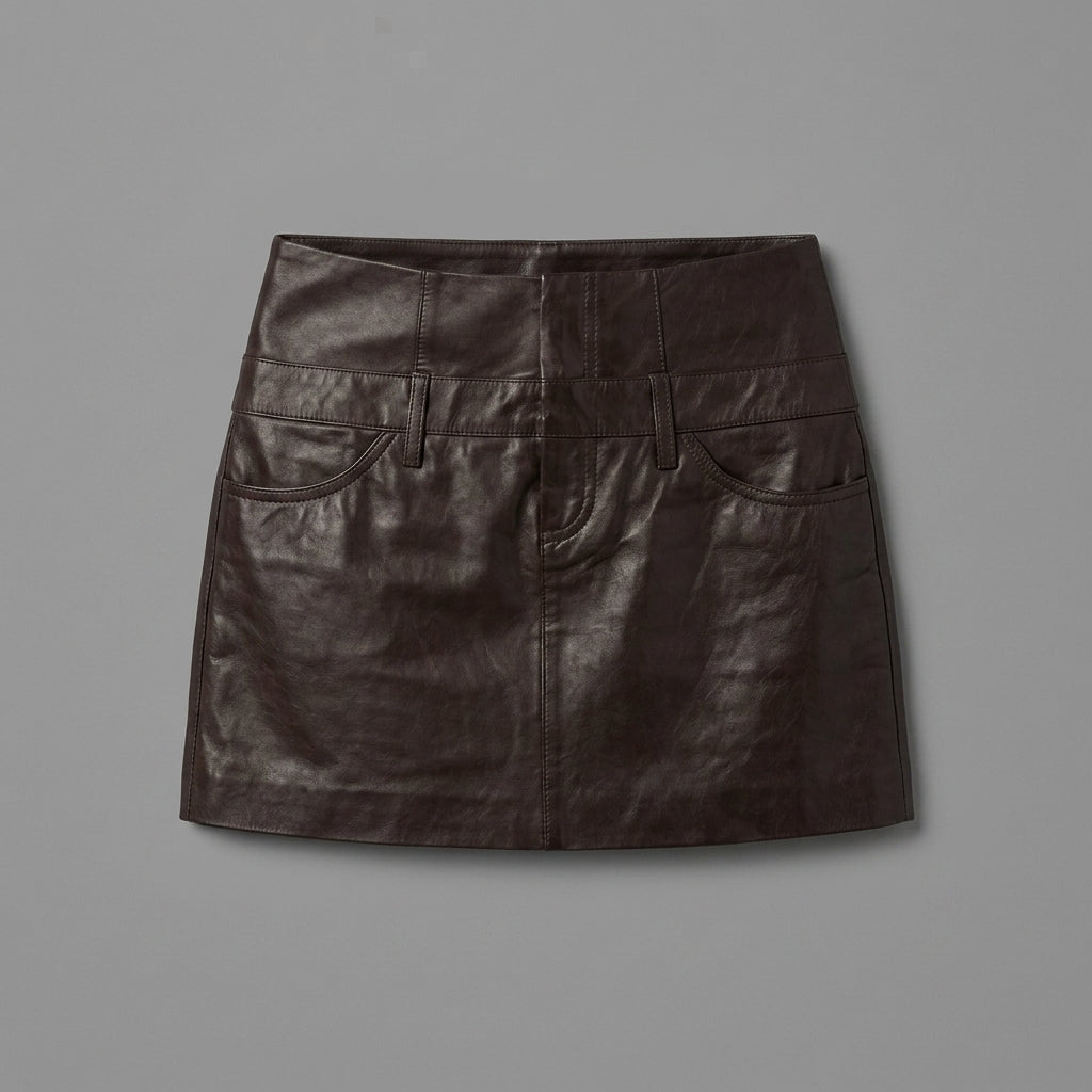 Women's Brown Leather Mini Skirt with Pockets