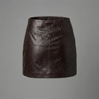 Women's Brown Leather Mini Skirt with Pockets