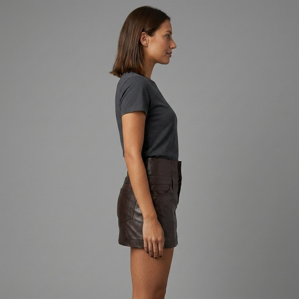 Women's Brown Leather Mini Skirt with Pockets