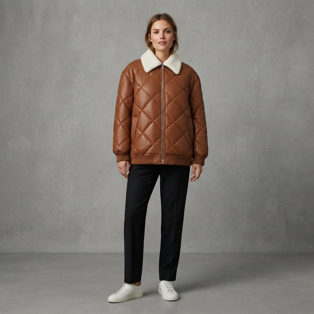 Brown Quilted Shearling Puffer Jacket