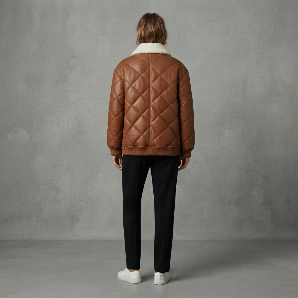 Brown Quilted Shearling Puffer Jacket