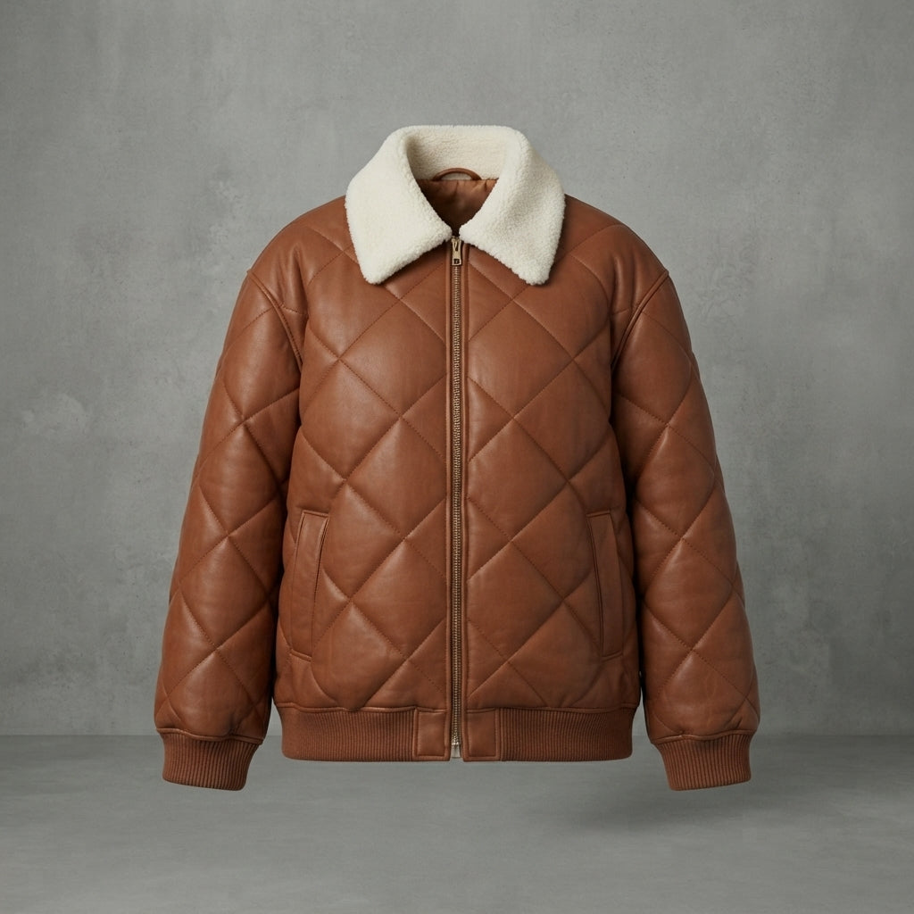 Brown Quilted Shearling Puffer Jacket