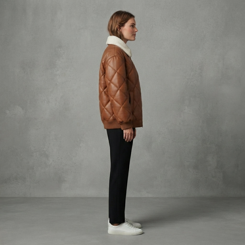 Brown Quilted Shearling Puffer Jacket