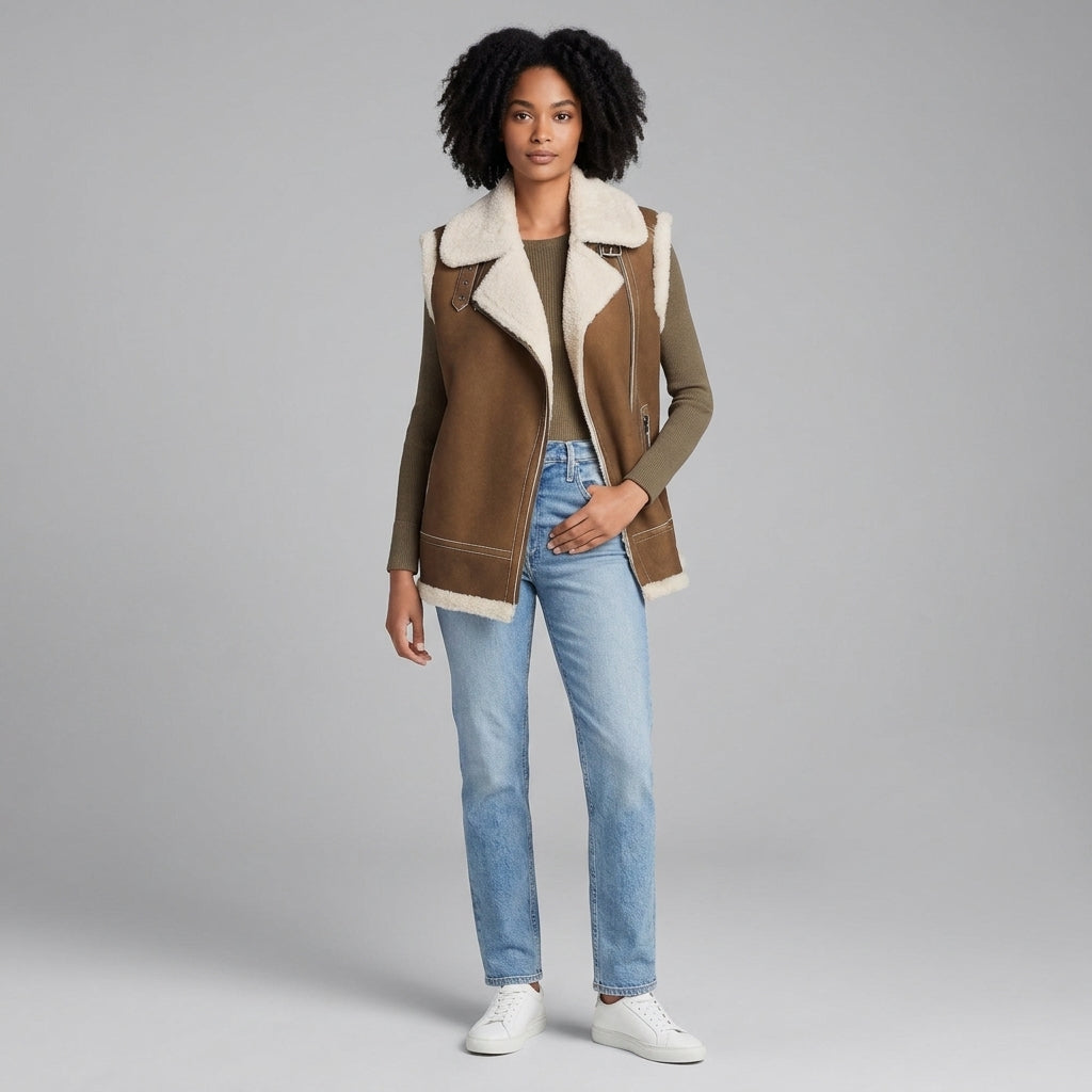 Women's Brown Shearling Biker Vest