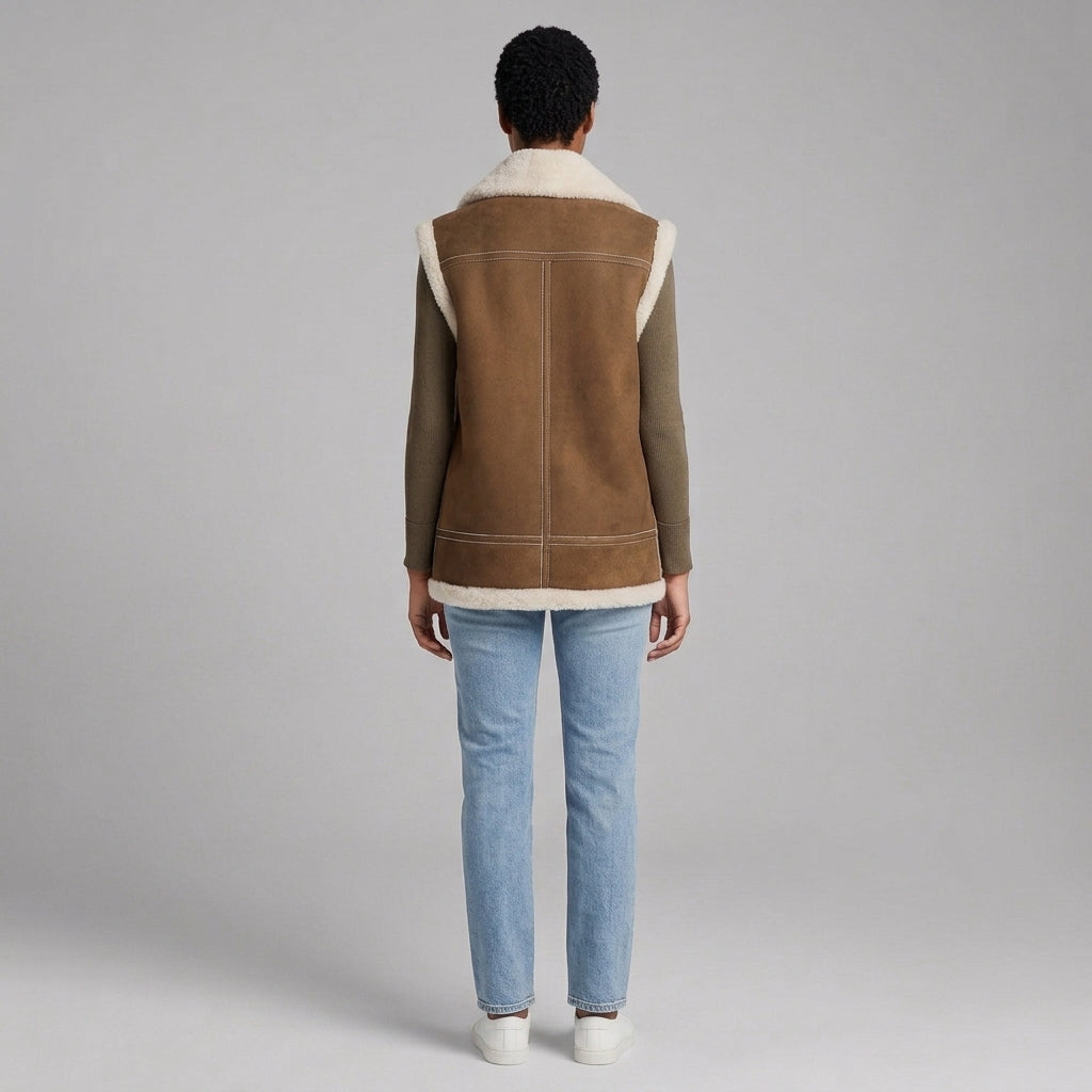 Women's Brown Shearling Biker Vest