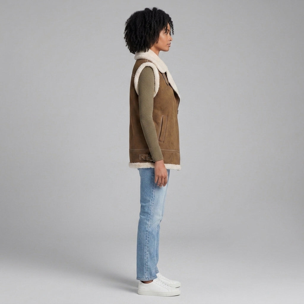 Women's Brown Shearling Biker Vest