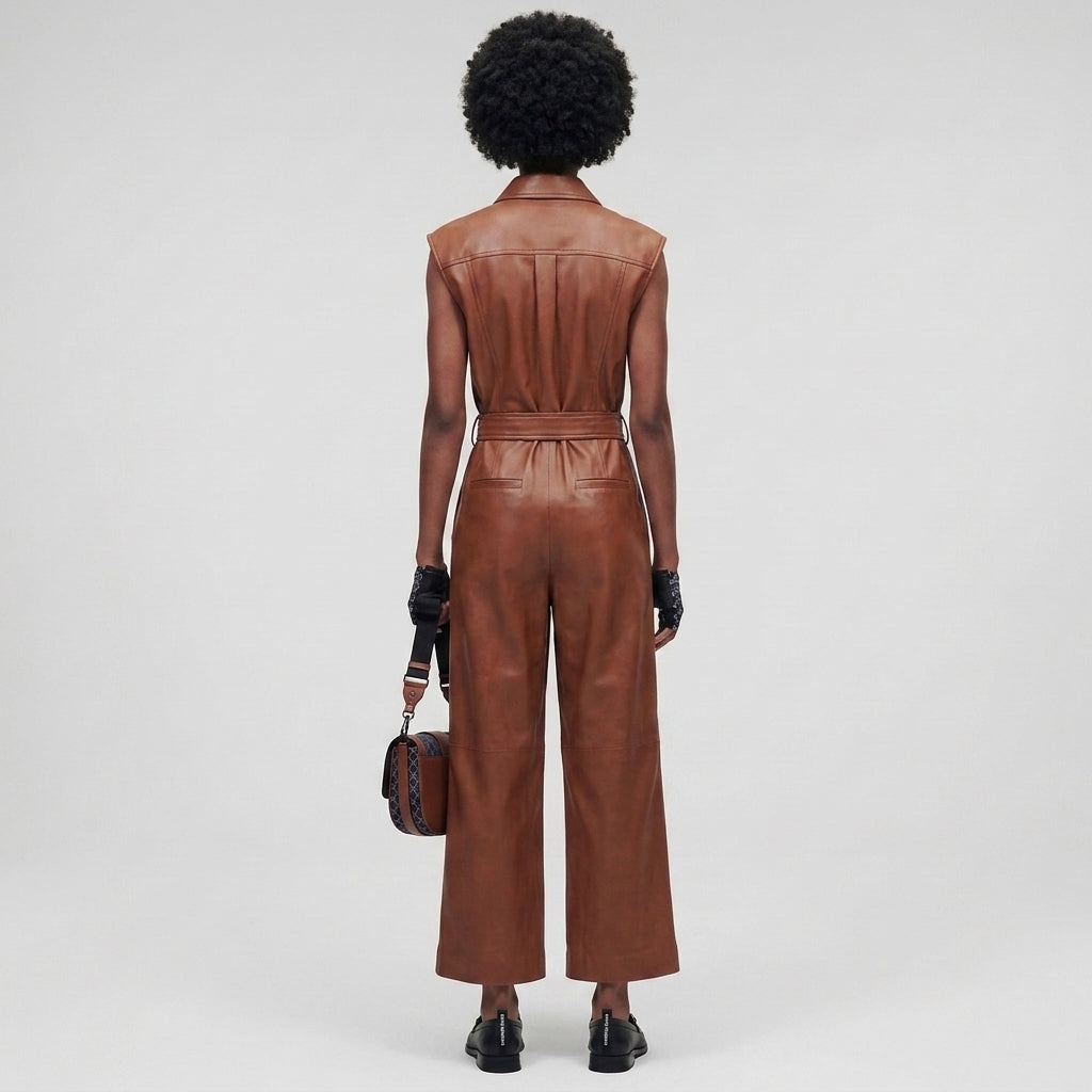 Warm Brown Sleeveless Leather Jumpsuit