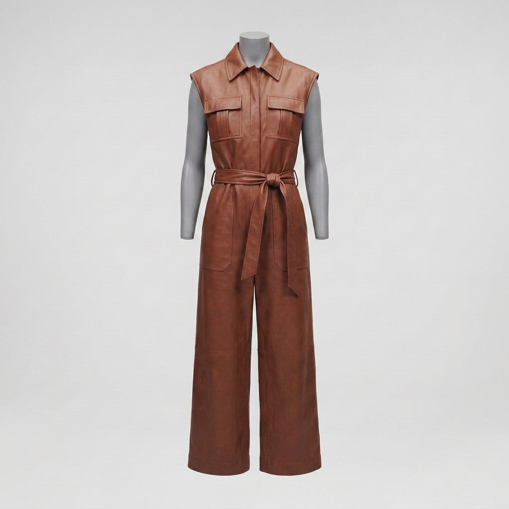 Warm Brown Sleeveless Leather Jumpsuit