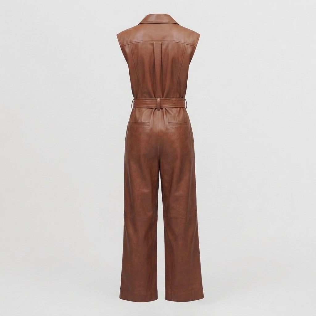 Warm Brown Sleeveless Leather Jumpsuit
