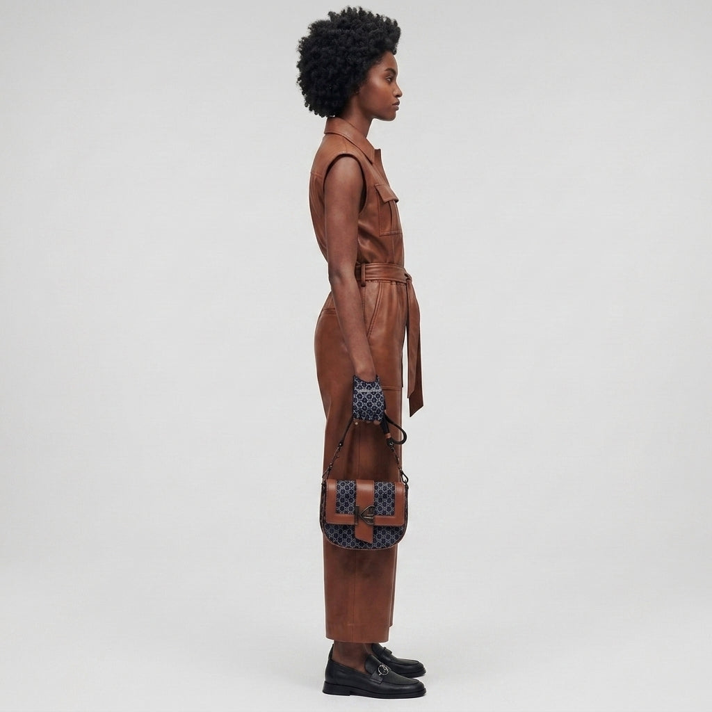 Warm Brown Sleeveless Leather Jumpsuit